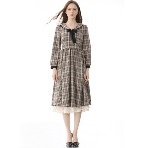 

Fashion Retro Lattice Mid-length Dress (Color:As Show Size:M)