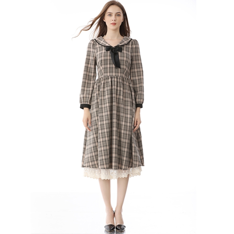 

Fashion Retro Lattice Mid-length Dress (Color:As Show Size:M)