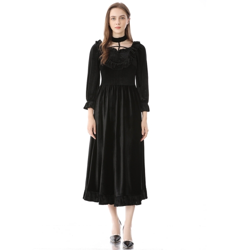 

Retro Sexy Hollow Puff Sleeves Golden Velvet Long Dress (Color:Black Size:S)