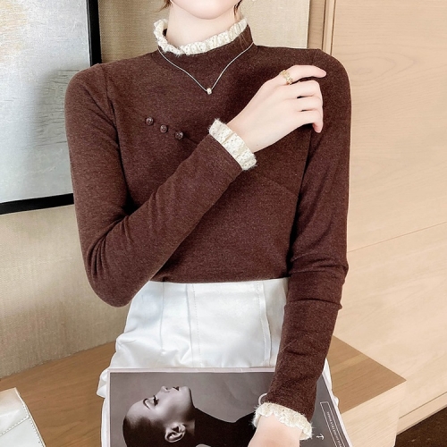 

Ladies Fungus Lace Stitching Half-high Neck Sanded Base Shirt (Color:Coffee Size:M)