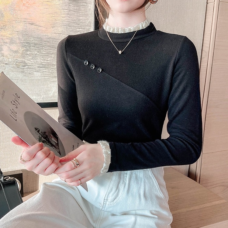 

Ladies Fungus Lace Stitching Half-high Neck Sanded Base Shirt (Color:Black Size:S)