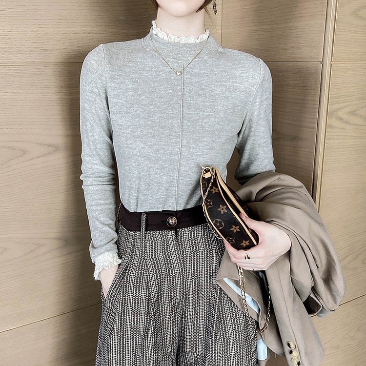 

Ladies Lace Collar And Velvet Base Shirt (Color:Light Gray Size:M)