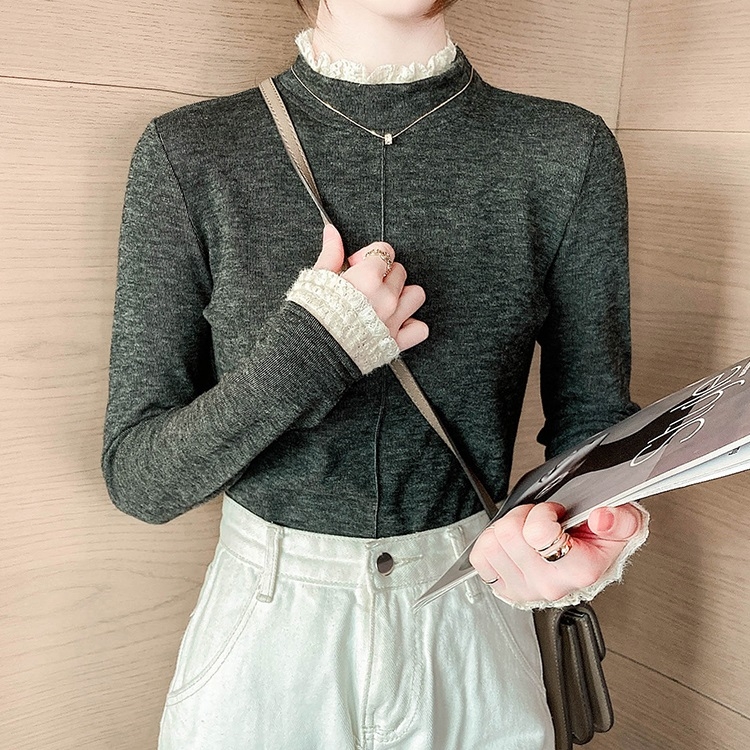 

Ladies Lace Collar And Velvet Base Shirt (Color:Grass Green Size:M)