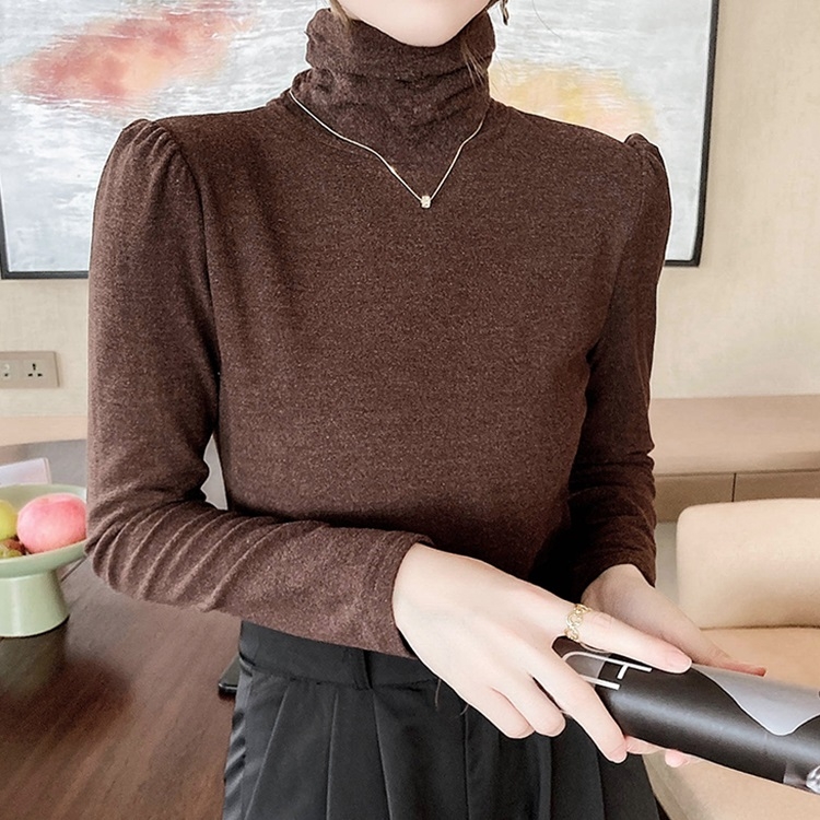 

Ladies High-neck Solid Color All-match Slimming Long-sleeved Bottoming Shirt (Color:Coffee Size:XL)