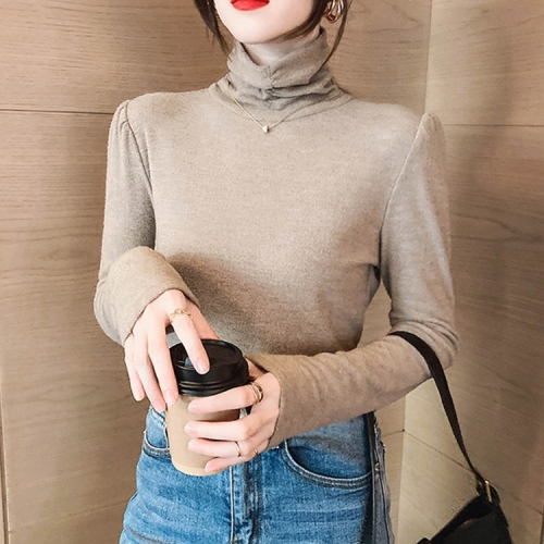 

Ladies High-neck Solid Color All-match Slimming Long-sleeved Bottoming Shirt (Color:Light Gray Size:XL)