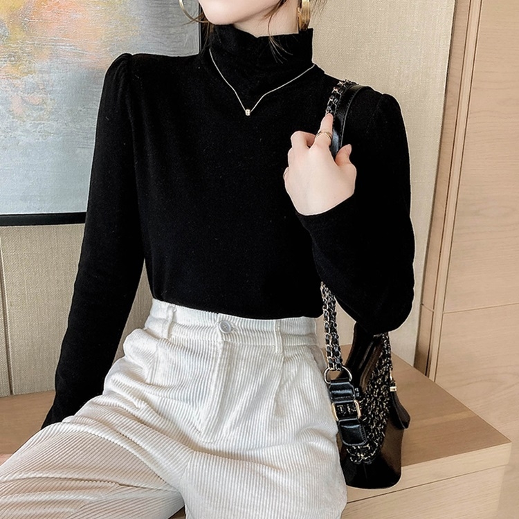 

Ladies High-neck Solid Color All-match Slimming Long-sleeved Bottoming Shirt (Color:Black Size:S)