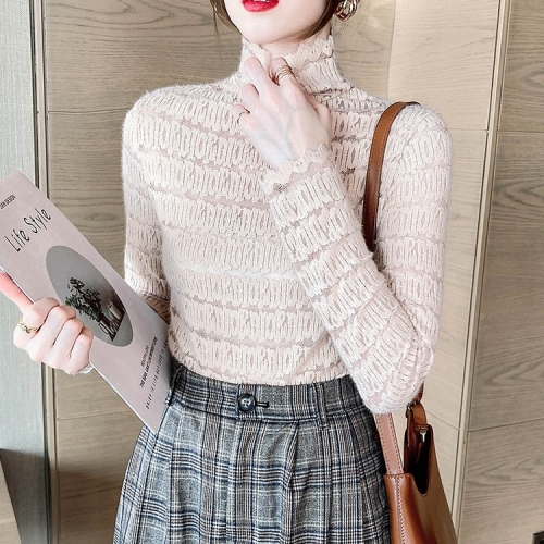 

Ladies High-neck Brushed Mesh Lace Bottoming Shirt (Color:Khaki Size:S)