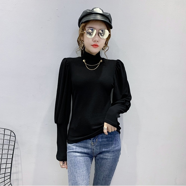 

Women Solid Color High Collar Comfortable And Thin All-match Base Shirt (Color:Black Size:S)