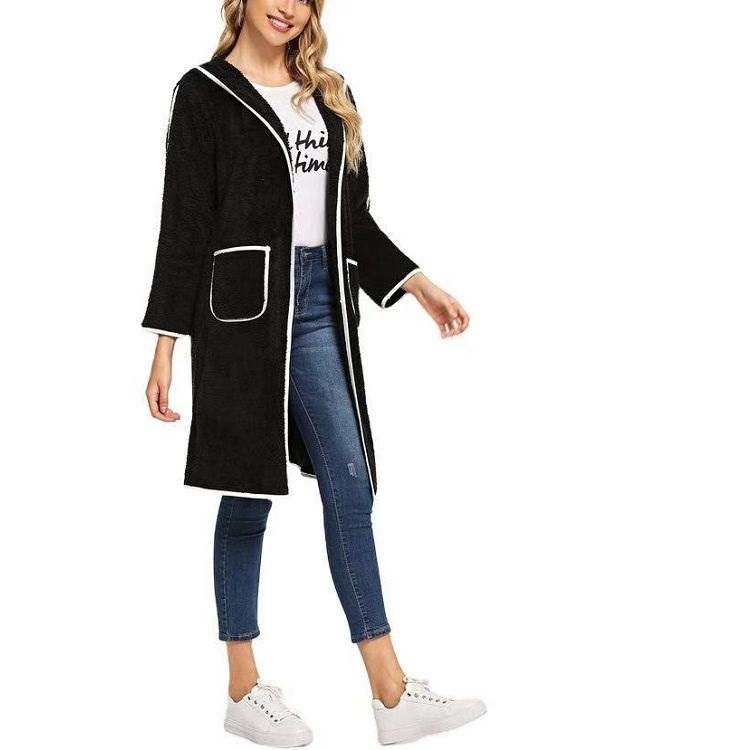 

Ladies Loose And Thin Double-faced Fleece Color Matching Long-sleeved Mid-length Cardigan Jacket (Color:Black Size:S)