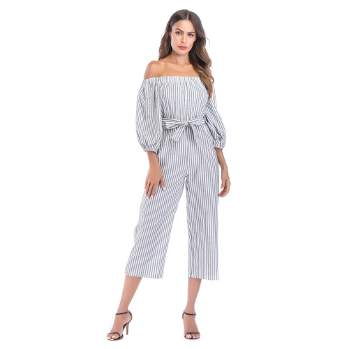 

Women Striped One-shoulder Lantern Sleeve Waist Jumpsuit (Color:Light Grey Size:S)