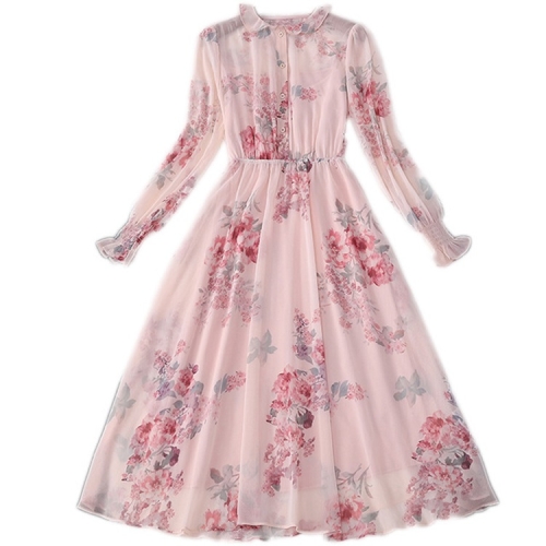 

Spring Women Slim A-line Skirt Long Sleeve Floral Chiffon Dress 86229 (Color:Pink Size:M)