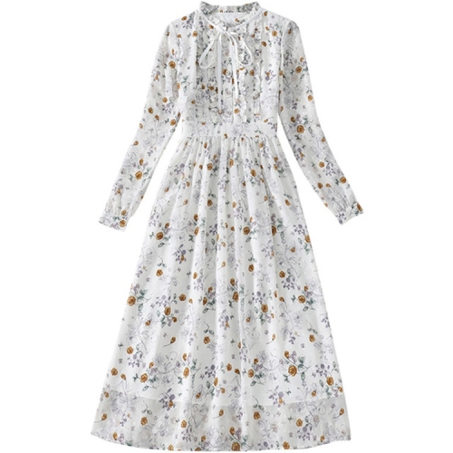 

Spring Women Long Sleeve Retro Floral Chiffon Dress 8A674 (Color:White Size:XL)