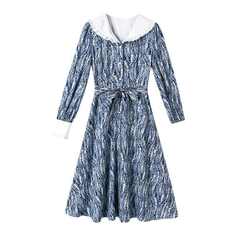 

Artistic Lady Spring Dress Lapel High waist Slim A-line Skirt (Color:Blue Size:S)