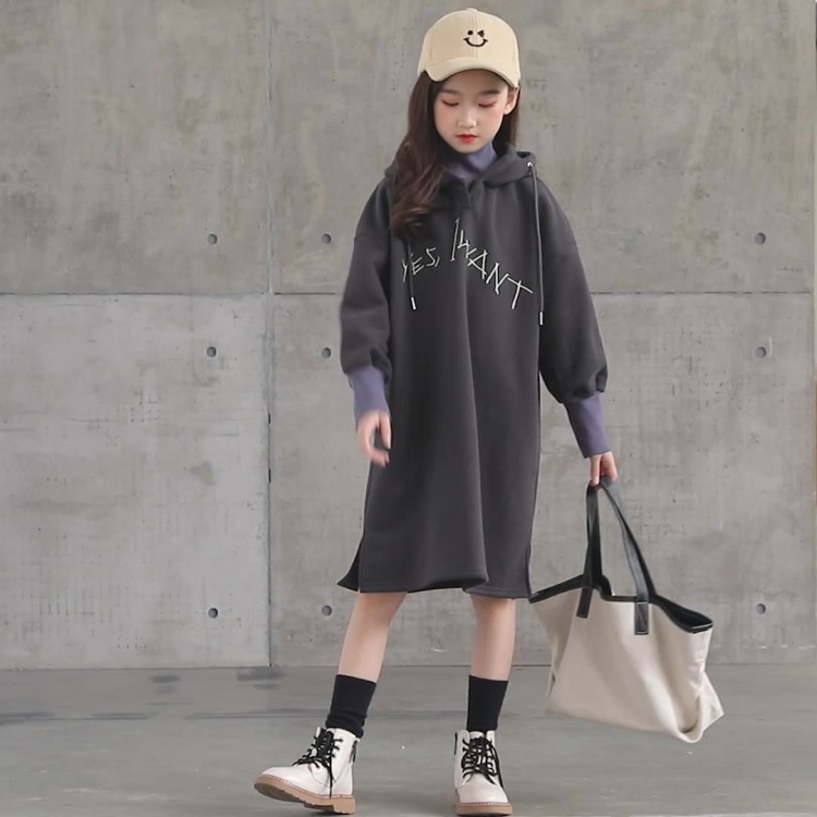 

Girl Plus Velvet Thickening High Collar Hooded Mid-length Dress (Color:Dark Grey Size:130cm)