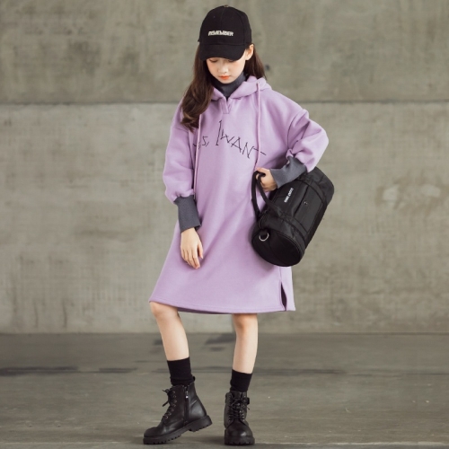 

Girl Plus Velvet Thickening High Collar Hooded Mid-length Dress (Color:Light Purple Size:130cm)