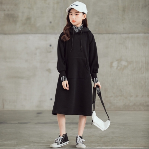 

Girl Plus Velvet Thickening Color Contrast Stripe High Collar Hooded Mid-length Dress (Color:Black Size:120cm)