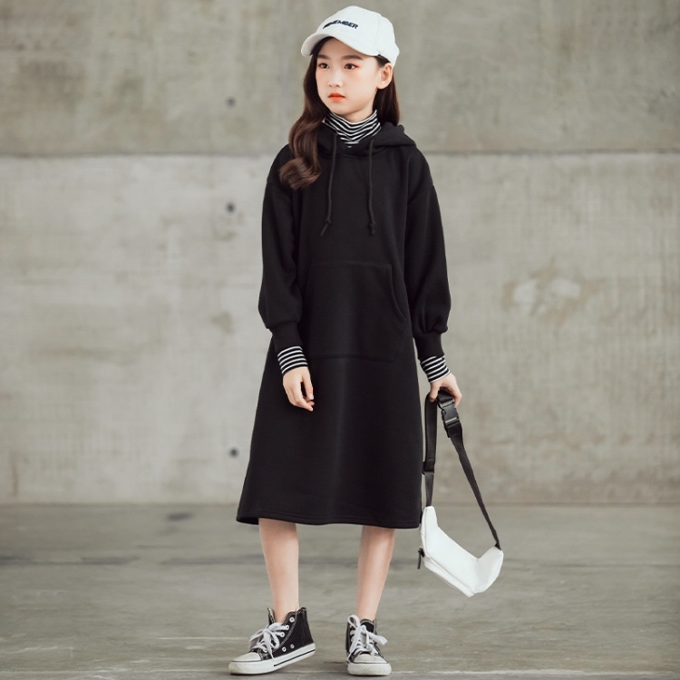 

Girl Plus Velvet Thickening Color Contrast Stripe High Collar Hooded Mid-length Dress (Color:Black Size:130cm)