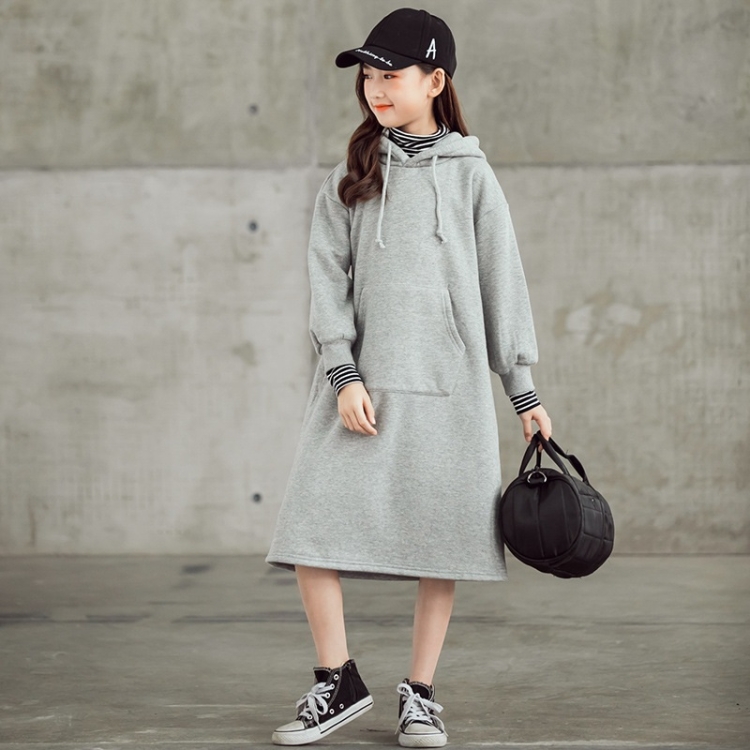 

Girl Plus Velvet Thickening Color Contrast Stripe High Collar Hooded Mid-length Dress (Color:Grey Size:130cm)