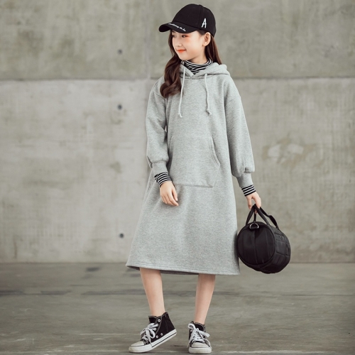 

Girl Plus Velvet Thickening Color Contrast Stripe High Collar Hooded Mid-length Dress (Color:Grey Size:160cm)