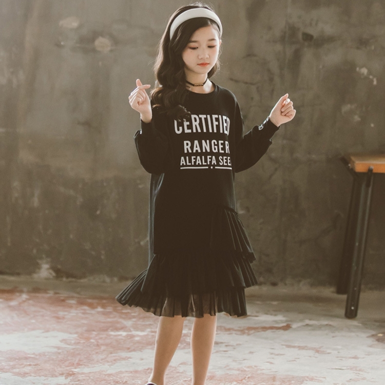 

Girl Stitching Mesh Long Sleeve Round Neck Dress (Color:Black Size:150cm)