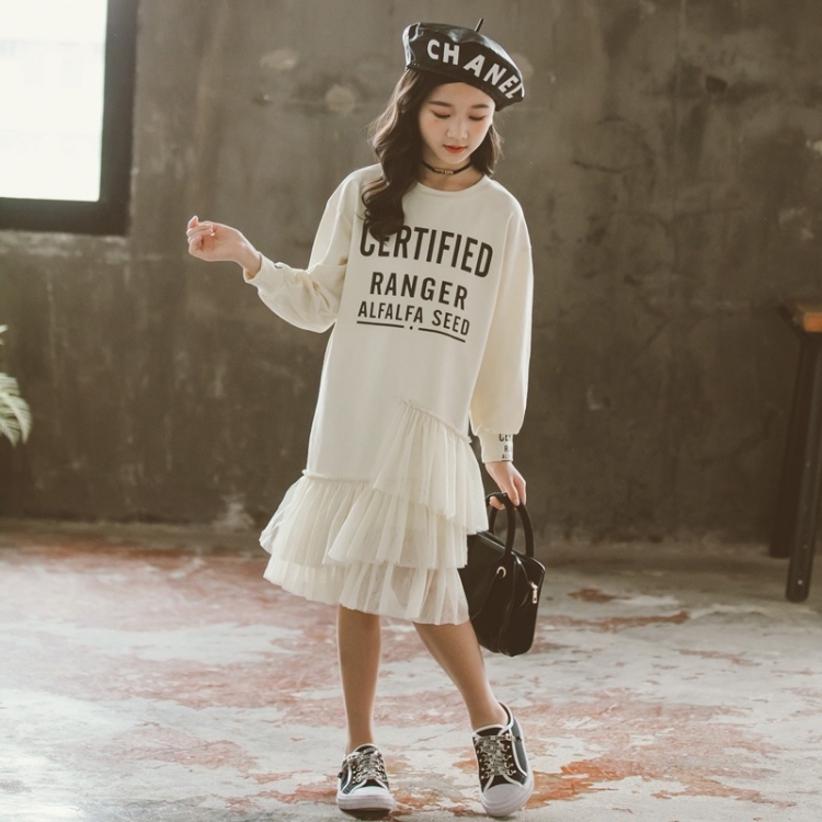 

Girl Stitching Mesh Long Sleeve Round Neck Dress (Color:Apricot Size:160cm)