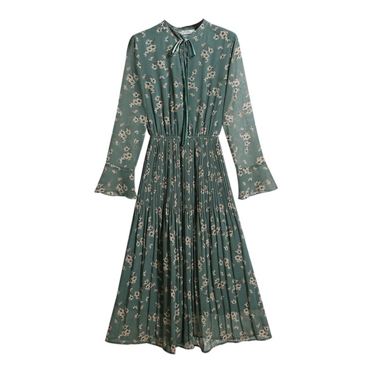 

Spring Women Floral Long Skirt Slim Chiffon Dress (Color:Green Size:S)
