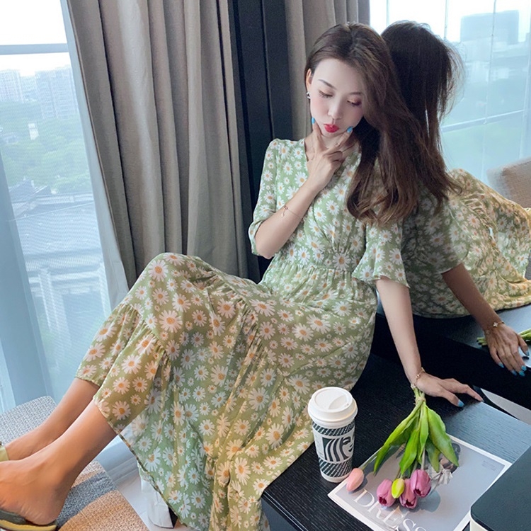 

Short Sleeve Dress Slim Waist Fairy Floral Chiffon Long Skirt (Color:Green Size:M)
