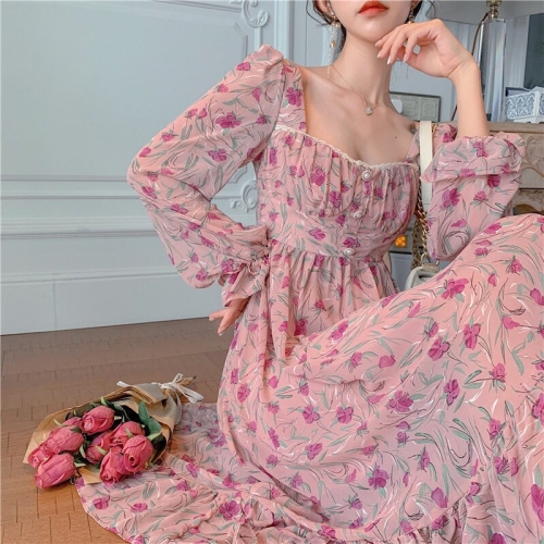 

Retro Collar Long Sleeve Slim Waist Pearl Button Rose Floral Dress (Color:Rose Red Size:M)