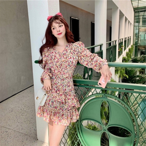 

Spring Autumn Retro V-neck Slim Long Sleeve Ruffle Floral Dress (Color:As Show Size:M)