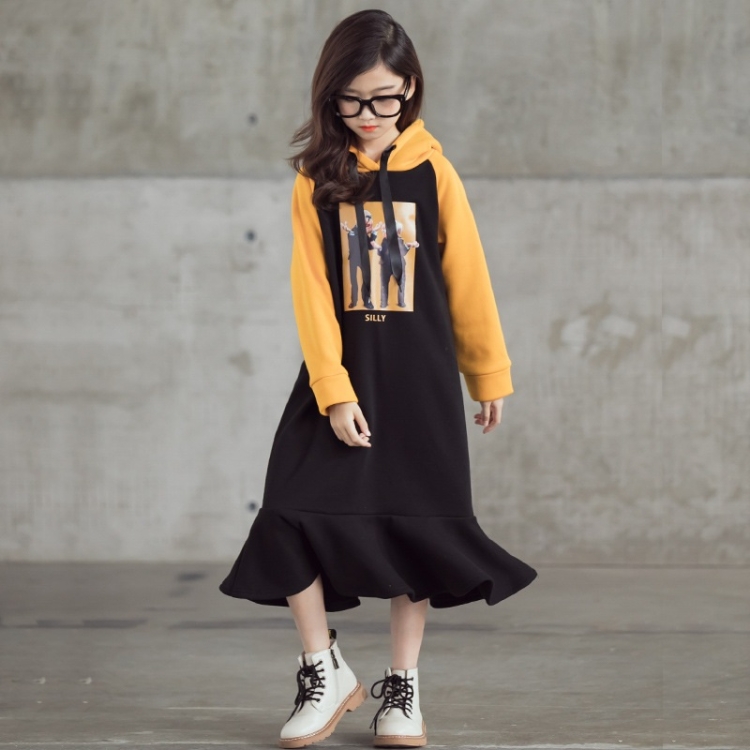 

Girl Plus Velvet Thickening Ruffles Hooded Mid-length Dress (Color:Black Orange Size:120cm)