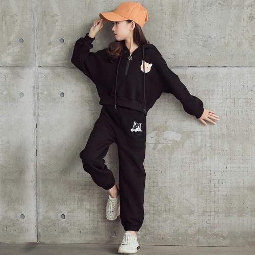 

Girl Plus Velvet Thickening Sport Hooded Sweater Casual Pants Two-piece Set (Color:Black Size:120cm)