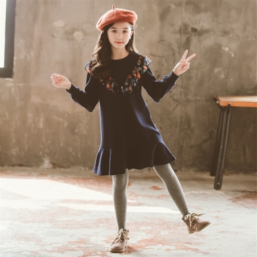 

Spring Autumn Girl Floral Border Round Neck Long Sleeve Ruffle Dress (Color:As Show Size:140cm)