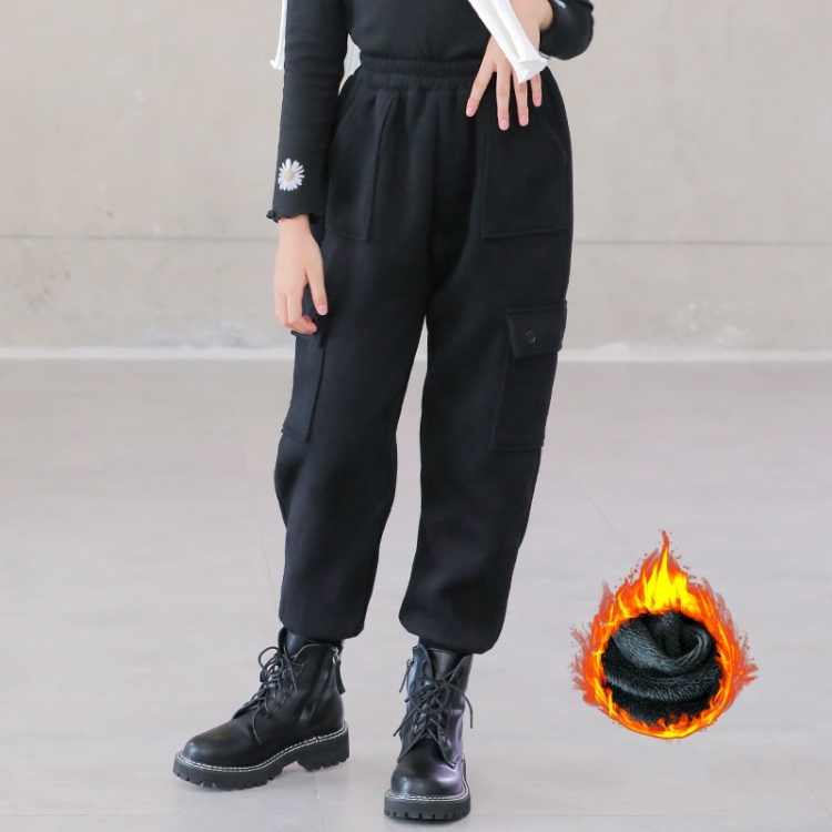 

Girl Winter Plus Velvet Loose Casual Overalls Pants Trousers (Color:Black Size:150cm)