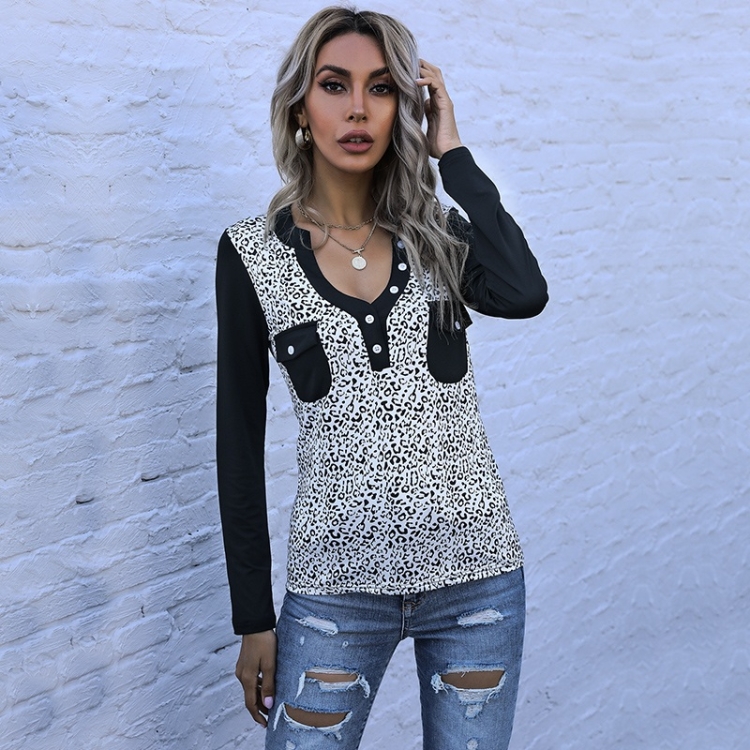 

Women Casual Leopard Print U-neck Bottoming Shirt (Color:Black Size:S)