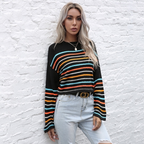 

Women Casual Loose Round Neck Striped Sweater (Color:Black Size:S)