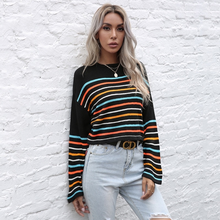 

Women Casual Loose Round Neck Striped Sweater (Color:Black Size:M)