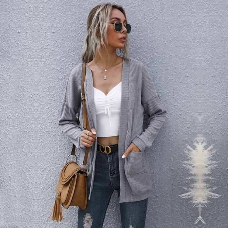 

Women Solid Mid-length Cardigan Sweater Coat (Color:Light Grey Size:L)