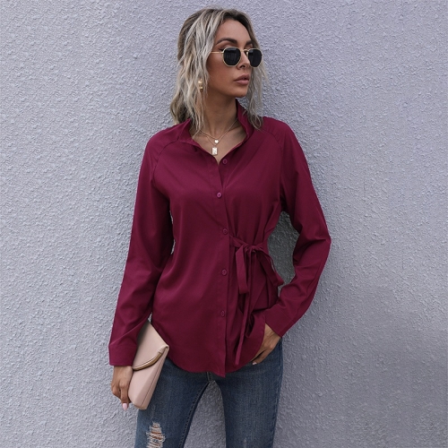 

Women Casual Loose Lace Up Single Breasted Shirt (Color:Wine Red Size:M)