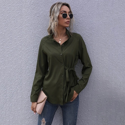 

Women Casual Loose Lace Up Single Breasted Shirt (Color:Army Green Size:XL)