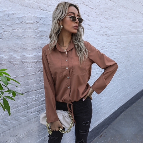 

Women Casual Solid Color Lapel Lace Up Single Breasted Shirt (Color:Brown Size:S)