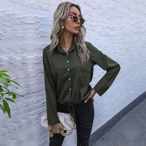 

Women Casual Solid Color Lapel Lace Up Single Breasted Shirt (Color:Army Green Size:L)