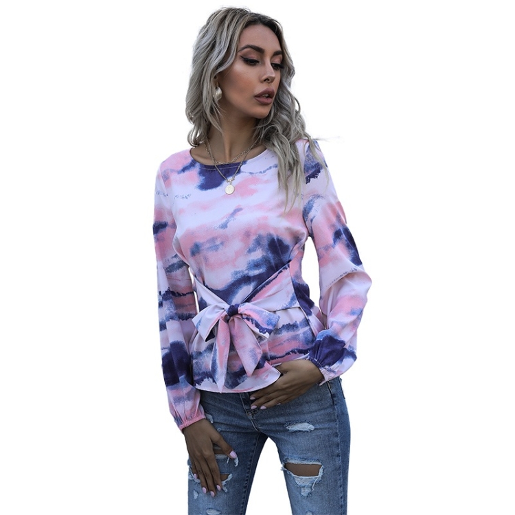

Women Slim Tie-dye Lace-up Chiffon Bottoming Shirt (Color:Blue White Size:S)