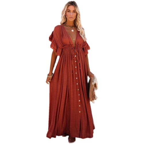 

Slubbed Fabric Button Drawstring Long Dress (Color:Red Size:Free Size)