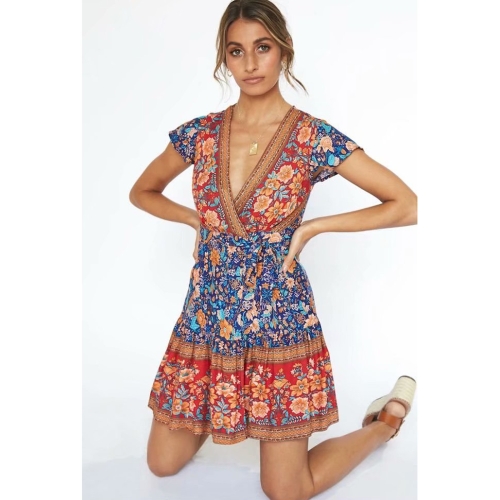 

Ruffle Print V-neck Bohemian Style Beach Dress (Color:Blue Size:S)