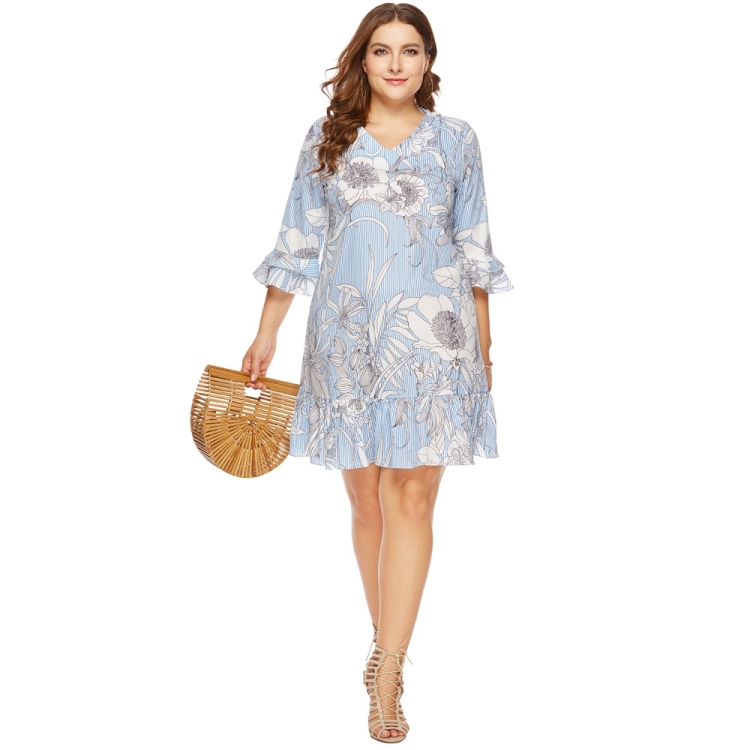 

Women Plus Size Fashion V-neck Printed Stripe Ruffle Straight Dress (Color:As Show Size:XXXL)