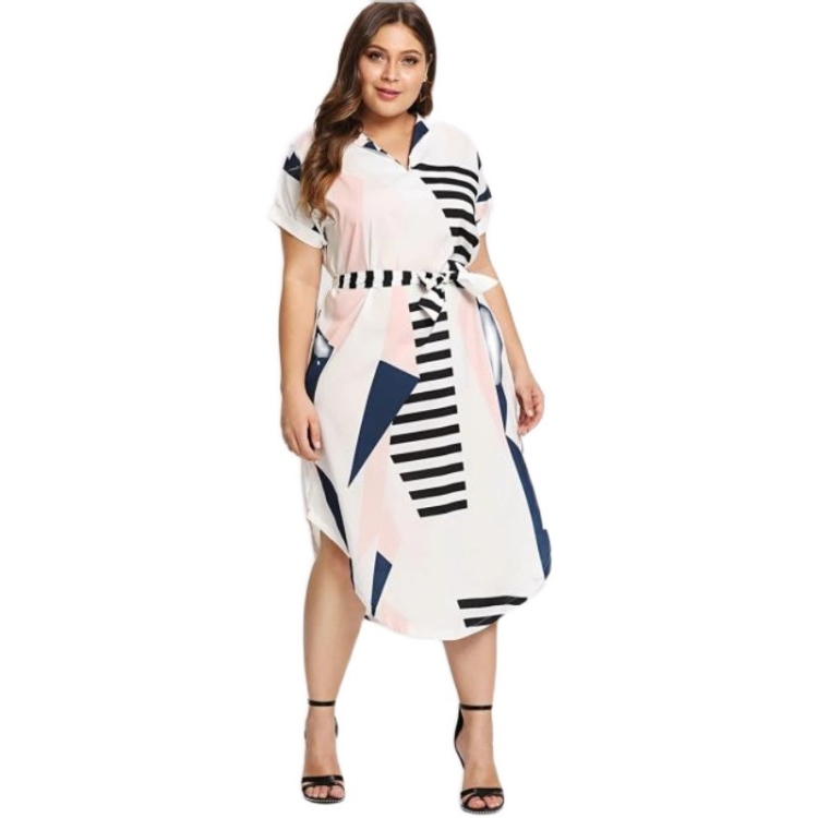

Women Plus Size Loose V-neck Short Sleeve Printed Dress (Color:As Show Size:XXXXL)