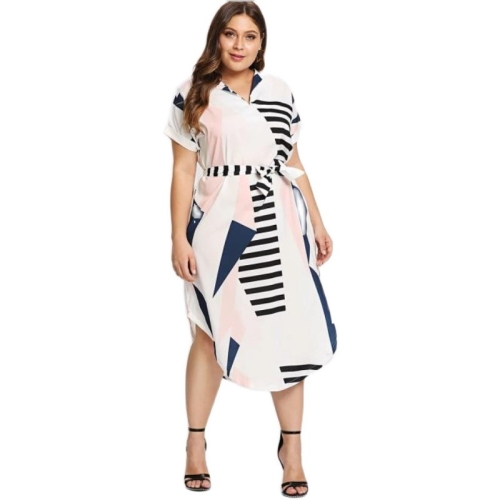 

Women Plus Size Loose V-neck Short Sleeve Printed Dress (Color:As Show Size:XXXXXL)