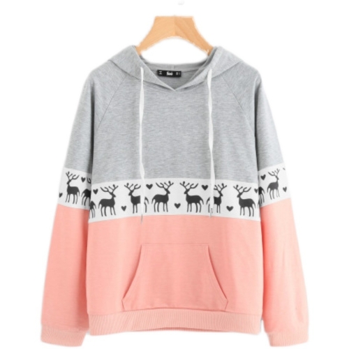 

Women Color Matching Deer Printed Long Sleeve Hooded Sweater (Color:As Show Size:M)