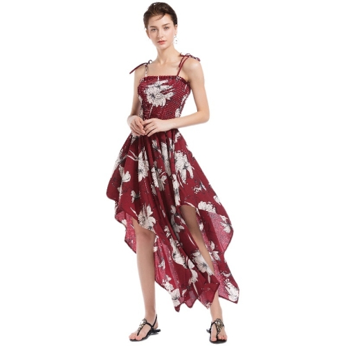 

Women Casual Printed Irregular Sling Dress (Color:Wine Red Size:S)