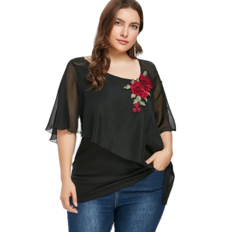 

Women Plus Size V-neck Embroidered Irregular Chiffon Tops (Color:Black Size:XL)